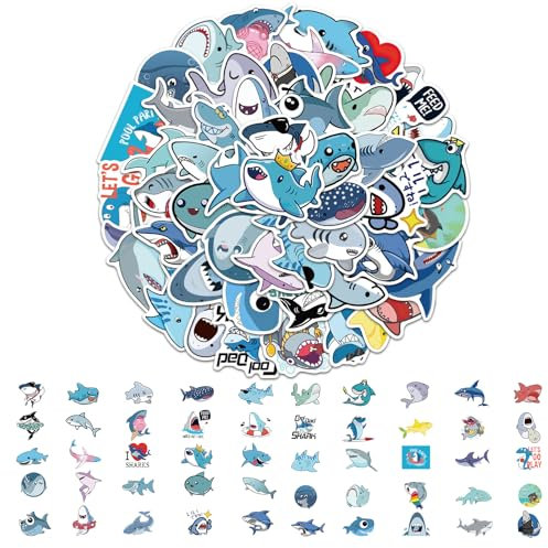 Goiern 100 Stück Haifisch Aufkleber, süße Ozeanhai-ästhetische Decals Vinyl, Wasserfeste Aufkleber für Wasserflaschen, Laptop, Gepäck, Helm Teenager, Mädchen, Kinder