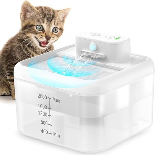 Feycig Trinkbrunnen für Katze Kabellos - 2L BatterieBetriebenKatzenBrunnen Kabellos Mit Bewegungsmelder, Leise Wasserpumpe,BPA Frei,Weiß