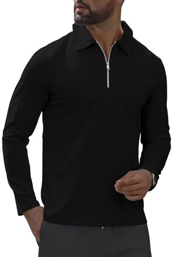 MLANM Men's Long Sleeve Zip Polo Shirt Solid Color Casual Breathable Lapel Tops M Black