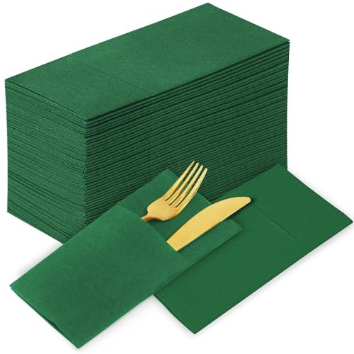 KAMMAK Grüne Servietten, Einweg-Papierservietten mit Tasche, gefaltetes Gästehandtuch für Party-Dekoration, Hochzeitsempfang, Badezimmer, Küche, Hotel (41,9 x 41,9 cm)