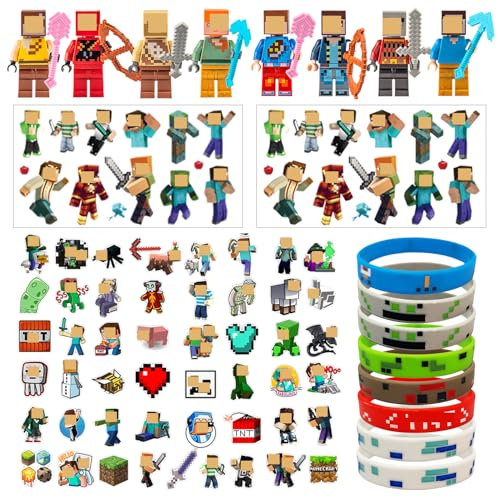 FRPABCF My World Set di 68 regalini, 50 pezzi adesivi per bambini, 2 fogli di tatuaggio My World per bambini, 8 personaggi My World, 8 pezzi di bracciali in silicone regalo di compleanno per bambini