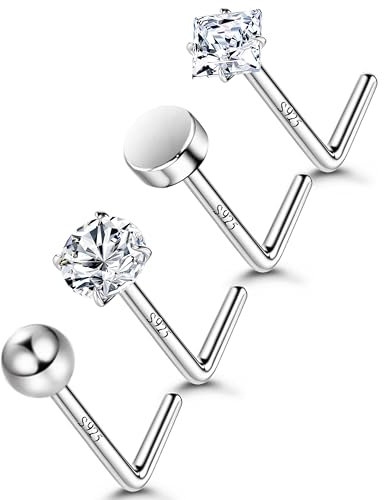 Sllaiss Nasenstecker Silber Nasenpiercing Gold Nasenring Piercing Nase Silber 925 Nasenstecker L Nostril Piercing Gold 2MM CZ Silber Gold Nasenpiercing Silber 925 Schmuck (SILVER)