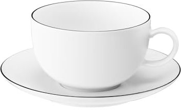 Seltmann Weiden Lido Black Line Milchkaffeetassen mit Untertassen 6er Set, 350 ml, Tassen-Untertassen-Set mit schwarzem Rand, Porzellan, Weiß