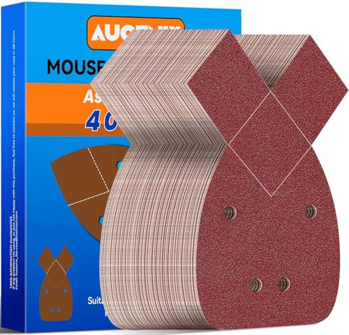 Aucenix 80Pcs Mouse Sander Pads: Detail Sanding Pads for Mouse Sander with 40/60/80/120/180/240/320/400 Mixed Grits - 4 Holes Sandpaper Sheets with Extra 2 Tips for Replacement for Black and Decker