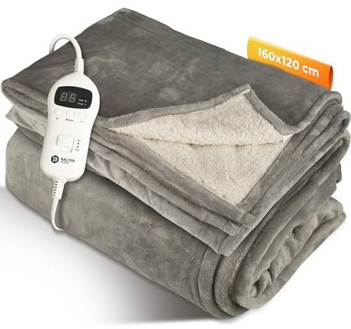 Balter Heizdecke mit Abschaltautomatik - 10 Heizstufen & Timer bis 10h - Weiches Flanell & Plüsch - Elektrische Wärmedecke - Kuscheldecke (Grau, 160x120cm)