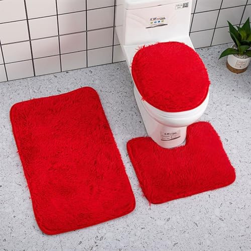 3PCS Soft Microfiber Bathroom Rugs Sets,Non-Slip Bath Mat Fluffy Plush Toilet Seat Cover for Bathroom,Water Absorbent Bathmat,Machine Washable (Red)