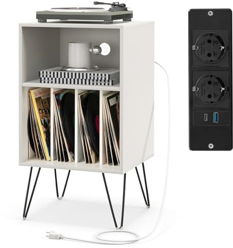COSTWAY Plattenspieler-Ständer mit Ladestation, 3-stufiger Schallplattenständer, Vinylplatten Aufbewahrungstisch mit Regal & 4 Trennwänden für Wohnzimmer 48 x 40 x 88 cm (Weiß)