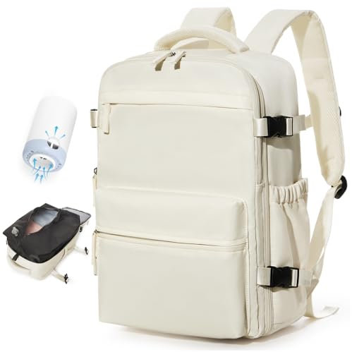 BOXSAM Vakuum Rucksack Handgepäck Flugzeug Tasche Airbag mit Vakuumsystem Reisen Tagesrucksack Esayjet 45x20x36 Rucksack Damen Vacuum Reiserucksack mit Pumpe Wasserdicht Herren Vakuum Koffer Beige