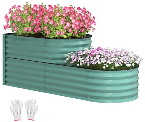Outsunny 2-Tier Raised Garden Bed, Outdoor Galvanised Planter Box with Safety Edging and Gloves, Metal Raised Bed with Open Bottom for Vegetables, Flowers, Fruits and Herbs, Dark Green