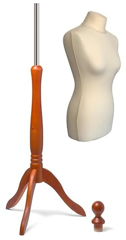 fella4stores Basic Schneiderpuppe, Damen Schneiderbüste aus PU Schaum, L (40/42) mit Überzug Creme-weiß und Holz-Dreibein Mahagonibraun, in Höhe verstellbar, ideal für Kleiderpräsentation