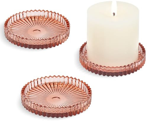 HofferRuffer Kerzenteller Kerzenständer Glas 3er Set,10cm rund Kerzenhalter,Kerzenleuchter für Stumpenkerzen,Teelichter,Rötlich-braun