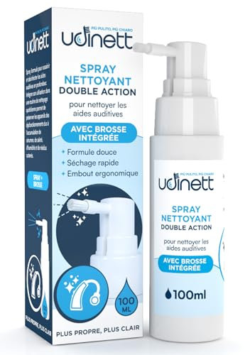 Spray Nettoyant pour Appareils Auditifs avec Brosse Udinett 100ml Assainissant pour Nettoyer les Écouteurs Bluetooth Séchage Rapide Élimine le Cérumen et la Saleté Sans Alcool