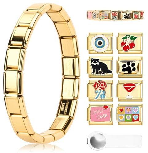 Italian Charm Bracelet Gold, Italian Charms Armband Set, DIY Abnehmbare Module für 9mm Armbände, Italian Charm Armbänder Bracelet Gold Charms mit Öffnungswerkzeug für Mädchen Junge Geschenk (A)