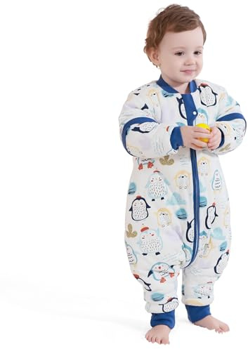 MlKAFEN Baby Schlafsack Langarm mit fuBen 3,5 tog, Winter babyhöhe 85-95cm | 100% Baumwolle Kinder-Winterschlafsack, mit abnehmbaren Ärmeln, Doppelreißverschluss für einfachen Windelwechsel,Blauer