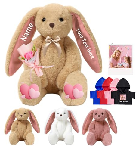 DRAJOIN Custom Bunny Plüschtier, Personalisierte Plüschhase Kaninchen mit Text Foto als Personalisierte Geschenke Plüsch Kaninchen für Erwachsene Kinder Erste Ostern Geschenk, 25cm