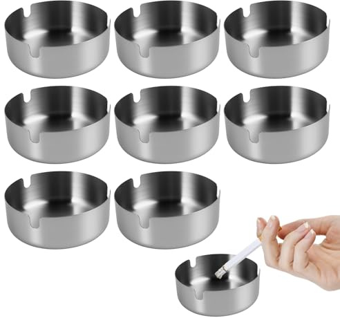 8 Pièces Cendrier Inox, 8cm Cendriers Portables Ronds en Métal | Cendrier de Table pour Intérieur et Extérieur, Cendriers pour Cigarettes pour Restaurants, Bars, Maison, Bureau
