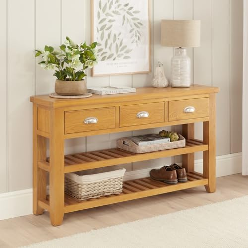 Cheshire Oak Large 3 Drawer Hall Console Table – Solid Oak Shaker Furniture, 1425mm Wide x 345mm Deep x 800mm High, Natural Satin Lacquer Finish