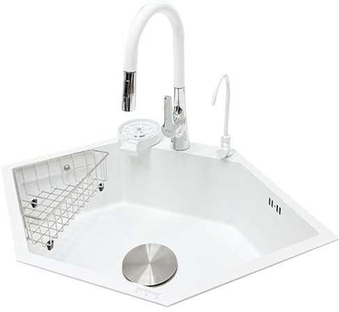 XDCXYD Handmade Corner Kitchen Sink Stainless Steel Single Bowl Washbasin with Various Faucets(White1)