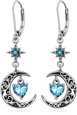 Flpruy Mondstern-Geburtsstein-Ohrringe für Damen 925er Sterlingsilber Schwarzer Halbmond Himmelsherz-Ohrringe Hypoallergen Gothic-Schmuck Geburtstagsgeschenke 1