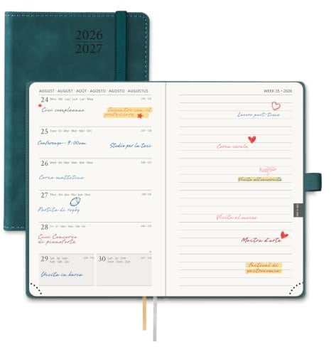 POPRUN Taschenkalender 2026 2027 Softcover mit PU-Leder ca.A6(15,6 x 10cm) | 17-Monate-Terminplaner,(Aug.2026-Dez.2027),Wochenplaner,Terminplaner 1 Woche 1 Seite,mit Plastiklineal(Petrolgrün)