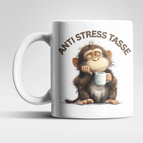 Anti Stress Tasse Affe – Lustige Kaffeetasse 325 ml aus Keramik mit Tiermotiv & Spruch „ANTI STRESS TASSE“, Geschenkidee für Büro & Homeoffice