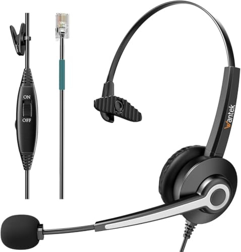 Wantek Telefon Headset Mono mit Noise Cancelling Mikrofon, Lautstärkeregler, Call Center Kopfhörer für Festnetztelefone ShoreTel Polycom NEC Nortel Norstar Meridian Siemens ROLM