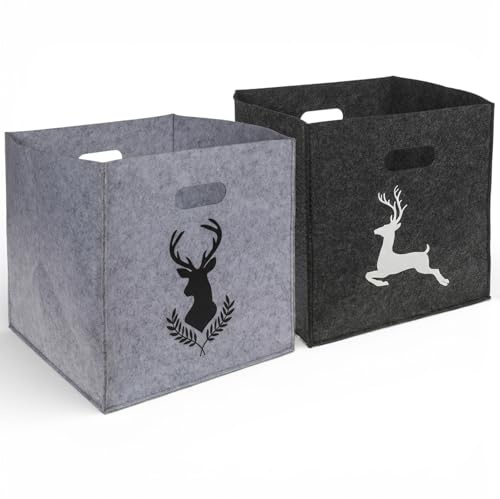 MIJOMA 2er Set Filz Aufbewahrungsbox 32x32x32 cm – stabile Faltboxen mit Griff – moderne Filzbox in Hellgrau & Dunkelgrau – praktische Ordnungsbox für Zuhause (Waldruhe)