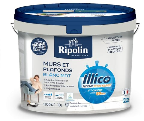 RIPOLIN - Peinture Intérieure Murs Plafonds Illico - Séchage Ultra Rapide - Acrylique - Haute Couvrance - Blanc - Mat - 10L
