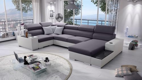 IM SOFA Ecksofa U-Form mit Schlaffunktion und Bettfunktion – große Wohnlandschaft PERS IV MINI (Grau Sawana + Weißes Kunstleder, Rechts)
