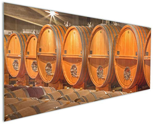 Wallario Küchenrückwand aus Glas 125 x 50 cm, Motiv: Weinkeller mit Alten Holzfässern | Spritzschutz abwischbar & pflegeleicht