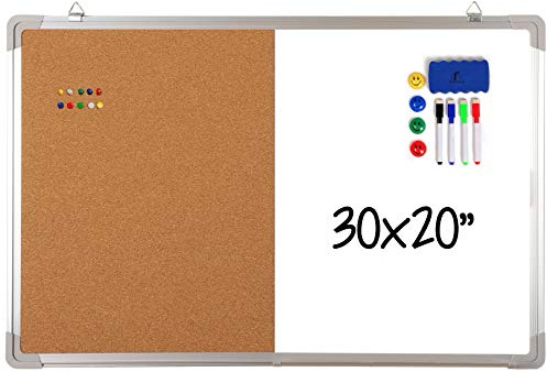 Whiteboard Bulletin Board Combination Set - 30x20 Dry Erase/Cork Board + 1 Magnetic Dry Wipe Eraser, 4 Colourful Magnets and 10 Pins - Large Combo Tack White Board for Home and Office