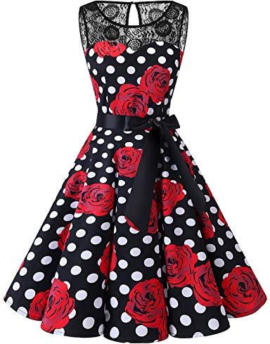 Bbonlinedress Robe de Soirée Cocktail Mariage Vintage Style rétro années 50s Boheme Femme ete Audrey Hepburn Rockabilly Robe a Pois avec Ceinture Amovible Black Rose White Dot M