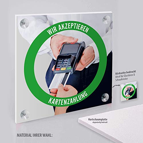 WIRKSAMWERBEN Schild: Wir akzeptieren Kartenzahlung, Kreditkarten möglich, doppelseitig bedruckt, 15x15 cm PVC inkl. 4 Bohrungen & Saugnäpfe
