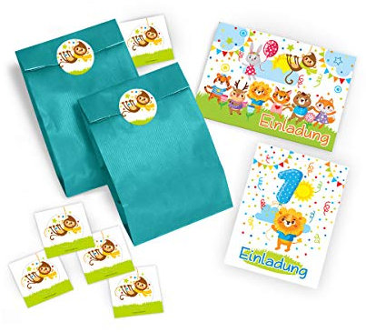 12 Einladungskarten zum 1. Kindergeburtstag für Jungen/Mädchen Süße Tierchen/Süßer Löwe incl. 12 Umschläge, 12 Party-Tüten/blau, 12 Aufkleber