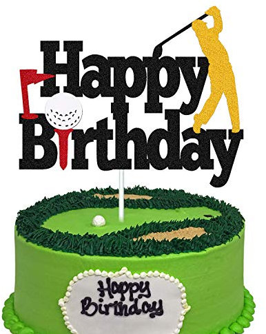Golf Cake Topper Happy Birthday Sign Golf Ball Player Cake Decorations for Sport Theme Man Boy Girl Birthday Party Supplies Double Sided Black Sparkle Decor