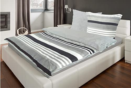 Bettwäsche 135x200 + 80x80 cm Winter Microfaser Flausch Fleece Thermofleece warm Cashmere Touch Teddy 2 TLG teilig (Soft Cashmere Touch Qualität Design Streifen Grau, ca. 135x200 + 80x80 cm)