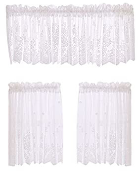 Betos - Mezze tende corte in voile con pizzo, ideali per cucina, bar, cucina e bagno (set bianco)