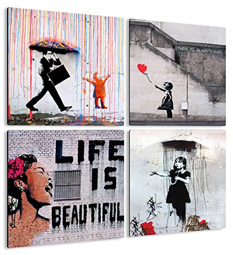 Giallobus - 4 Quadrate mit Mehreren Feldern - Banksy - Banksys schönste Werke - Sammlung 1 - MDF-Holz - 29,7x29,7 - x 4 Stück