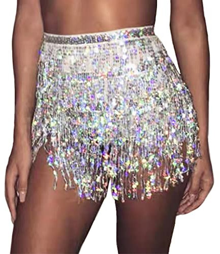 Aohhy Damen Bauchtanz Rock Kostüm Pailletten Quaste Rock Hawaii Hula Grass Kostüm Mini Rave Fransenrock, silber, 33W