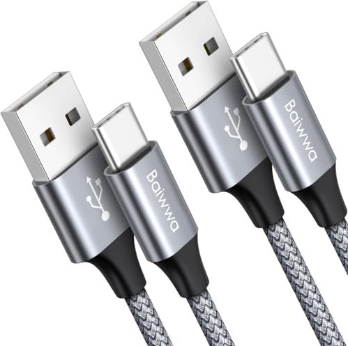 Baiwwa Cable USB A USB C 1.5M 2Pack, 3A Cable USB C Carga Rápida, Nylon Cable USB Tipo C Cargador para Samsung Galaxy S24 S23 S22 S21 S20 S10 S9 S8 Plus, A15 A14 A50 A53 A54 A70 A71 -Gris