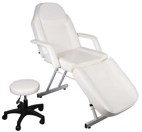 Massagetisch, verstellbar, zusammenklappbar, aus PU-Leder, mit Hocker, für professionelles Wohnzimmer und Zuhause (weiß)