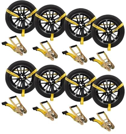 Mytee Products 8 Pack 2 x 120 Car Tie Down Straps for Trailer with Flat Hook - 3333 LB WLL Lasso Style Tire Straps for Car Trailer with Ratchets - Vehicle Tie Down Wheel Straps for Hauling Cars