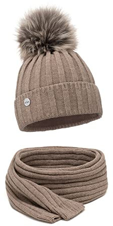 ELIMELI® Kaschmir Mütze Schal Damen Winter Kombi Set - warme Strickmütze mit Kunstfell Bommel - 2-teilig, Winterset Wintermütze passender Schal Wollmütze Beanie Slouch Strick (Cappuccino - Set)