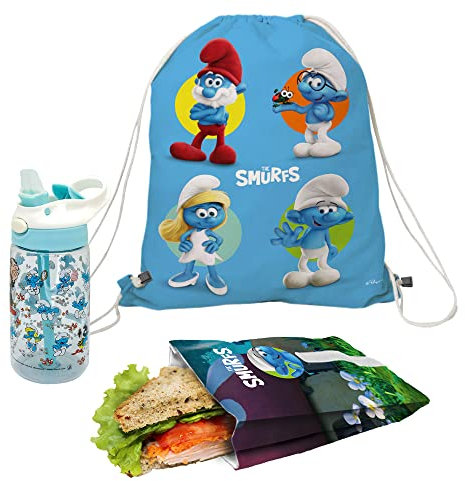 Nerthus FIH 1072 Set Rucksack + Sandwich Tasche + Flasche Tritan Schlümpfe