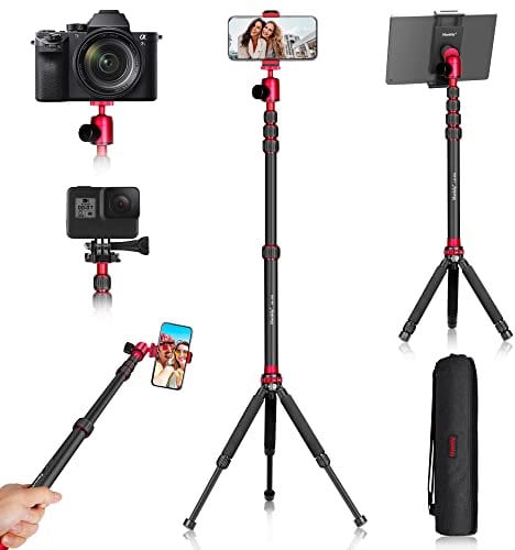Handy Stativ Manbily 59.4 Mini Kamera Stativ, Aluminium Selfie Stick für iPhone Smartphone Gopro Höhenverstellbar Vlogging Stativ iPad Tablet Ständer mit 360°Kugelkopf Klein Stativ für DLSR (MT-02LH)