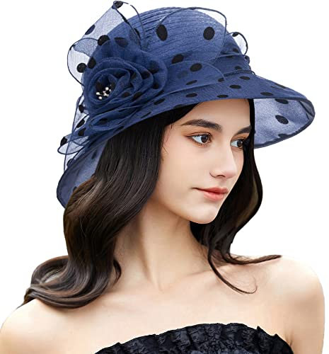 Dots-Organza Flower Lace Sombrero de sol de ala ancha para mujer, sombrero de paja francés, sombrero de fiesta nupcial, tocado de boda, marino, M