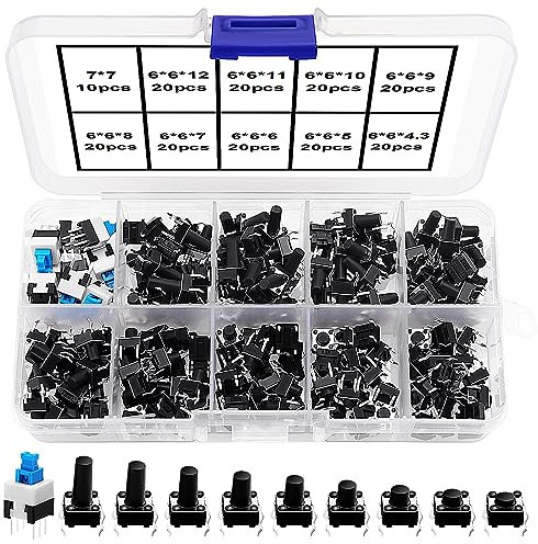 VooGenzek 190 Piezas 10 Valores Interruptor de Boton Momentaneo Tactil, (6×6 mm 7×7 mm) Pulsador Táctil Interruptor Micro Momentáneo Tacto Kit con Caja de Plástico