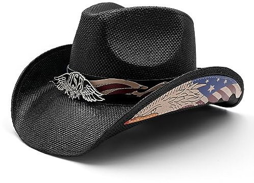 Foeran Herren Damen Strohhut Cowboyhut Cowgirl Gewebter Sonnenhut Western Cowboyhut Zwei dekorative Bänder, Schwarz-USA, Einheitsgröße