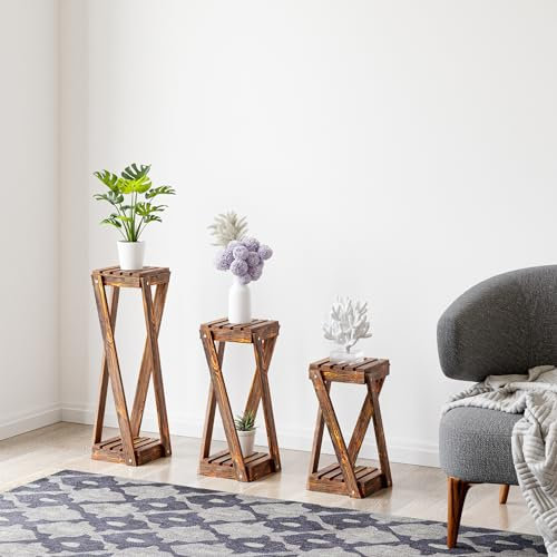 [en.casa] Säulentisch Muonio Blumenständer 3er Set Blumensäule Beistelltisch Holztisch mit unterer Ablage Dekotisch Pflanzentisch Wohnzimmer Dunkler Holzton