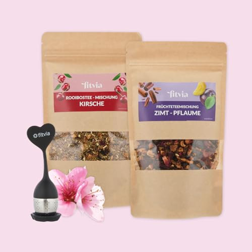fitvia Teeset Classic Harmony I 215g loser Tee, Tee-Ei Flamingo I 115g Früchtetee Zimt-Pflaume I 100g Rooibostee Kirsche, Hibiskusblüten